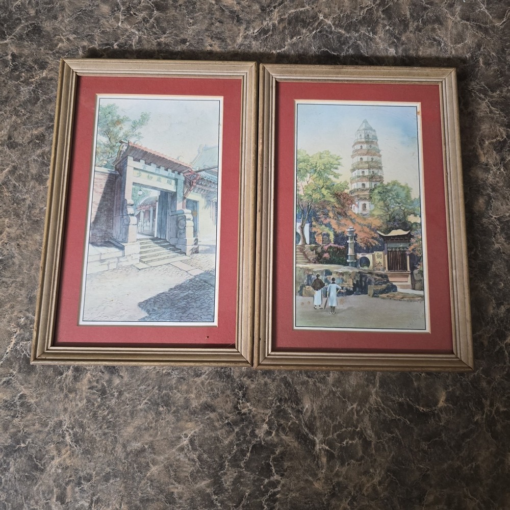 Vintage Chinese China Landmark Prints Pair Tiger Hill Pagoda Yonghe Temple Frame